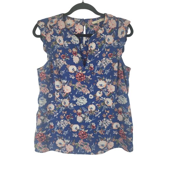 41 Hawthorne Scalloped Cap Sleeve Blouse M Womens Blue Floral V Neck Key Hole - Picture 1 of 10